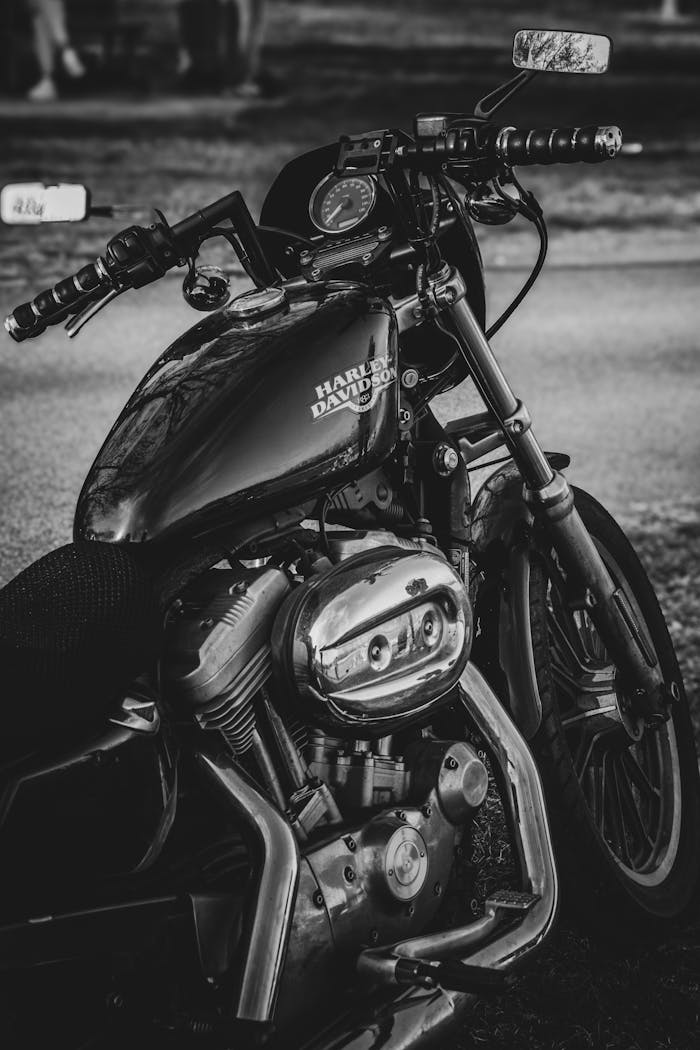 Close-up of a classic Harley Davidson motorcycle parked outdoors in Belgrade, Serbia.